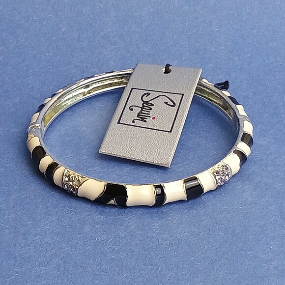 Branches Pattern Sky Black Off White Enamel Hinge Bangle Skinny Bracelet Exquist - Picture 2 of 5